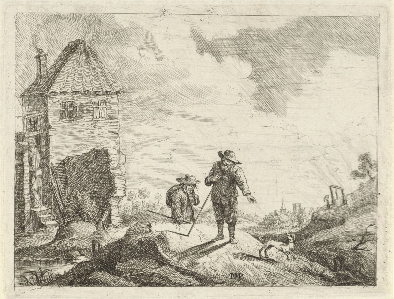 Två bönder med en hund på en landsväg av Jan Lauwryn Krafft (I) (possibly)