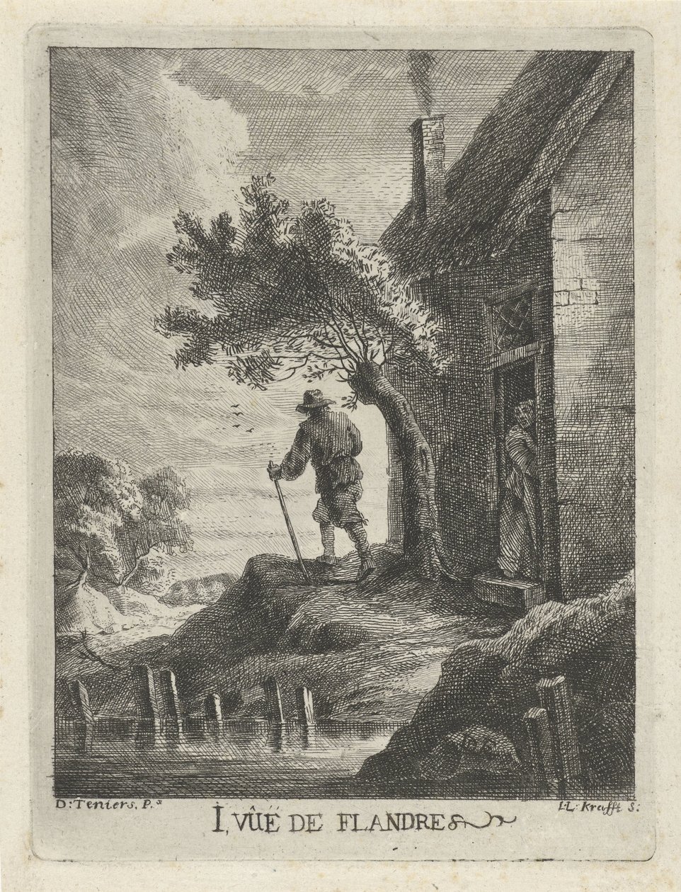 Bondgård vid vattnet 1. Vûë de Flandre (titel på objekt) Views of Flanders (serietitel) av Jan Lauwryn Krafft (I)
