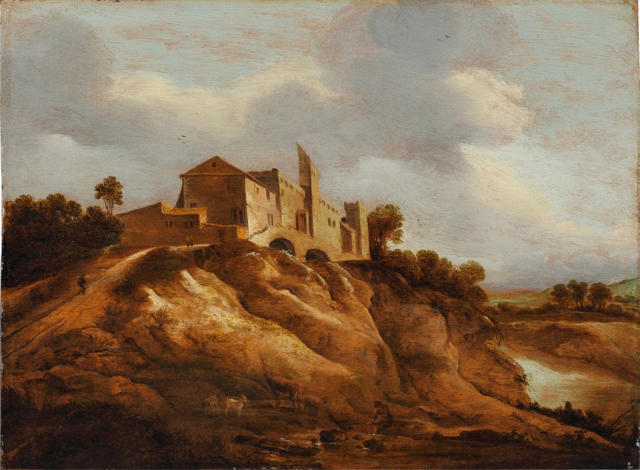 Ett klippigt landskap med ett befäst slott med utsikt över en flod av Jan Lievens
