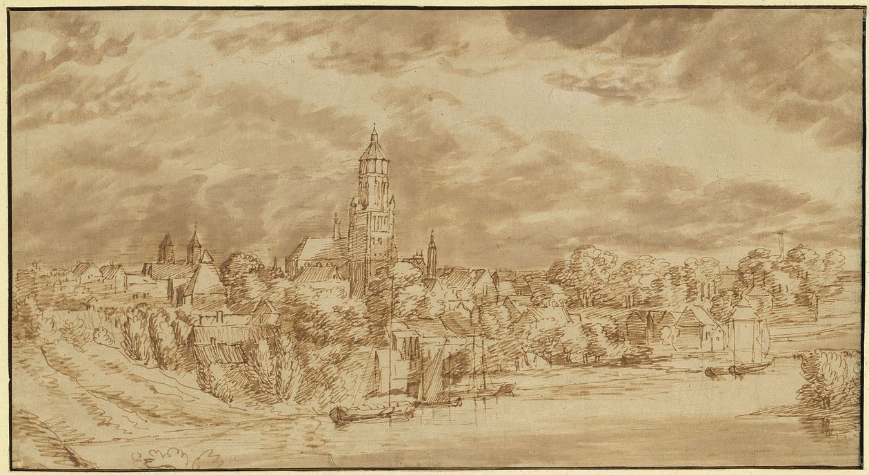 Vy över en stad på andra sidan av en flod av Jan Lievens