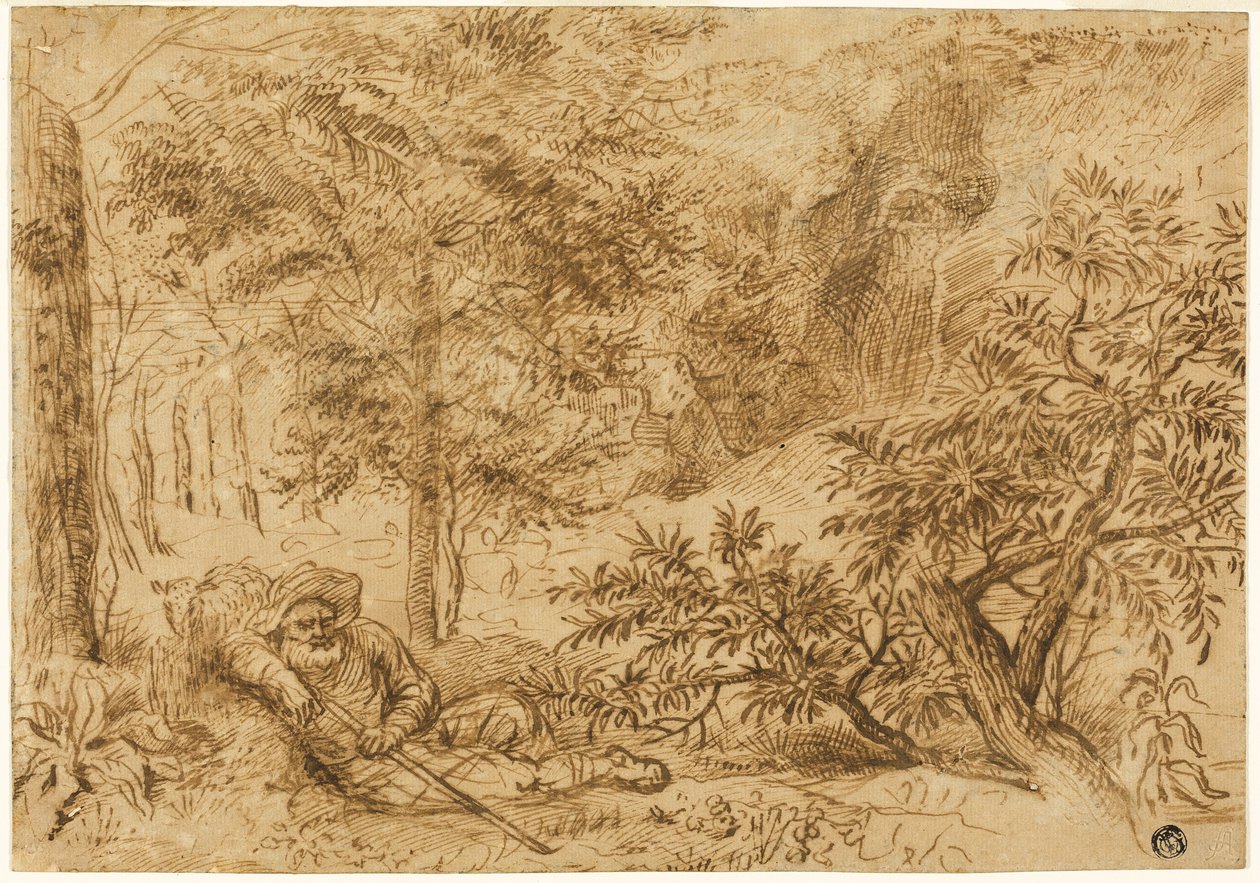 Landskap med herde som sover under träd av Jan Lievens