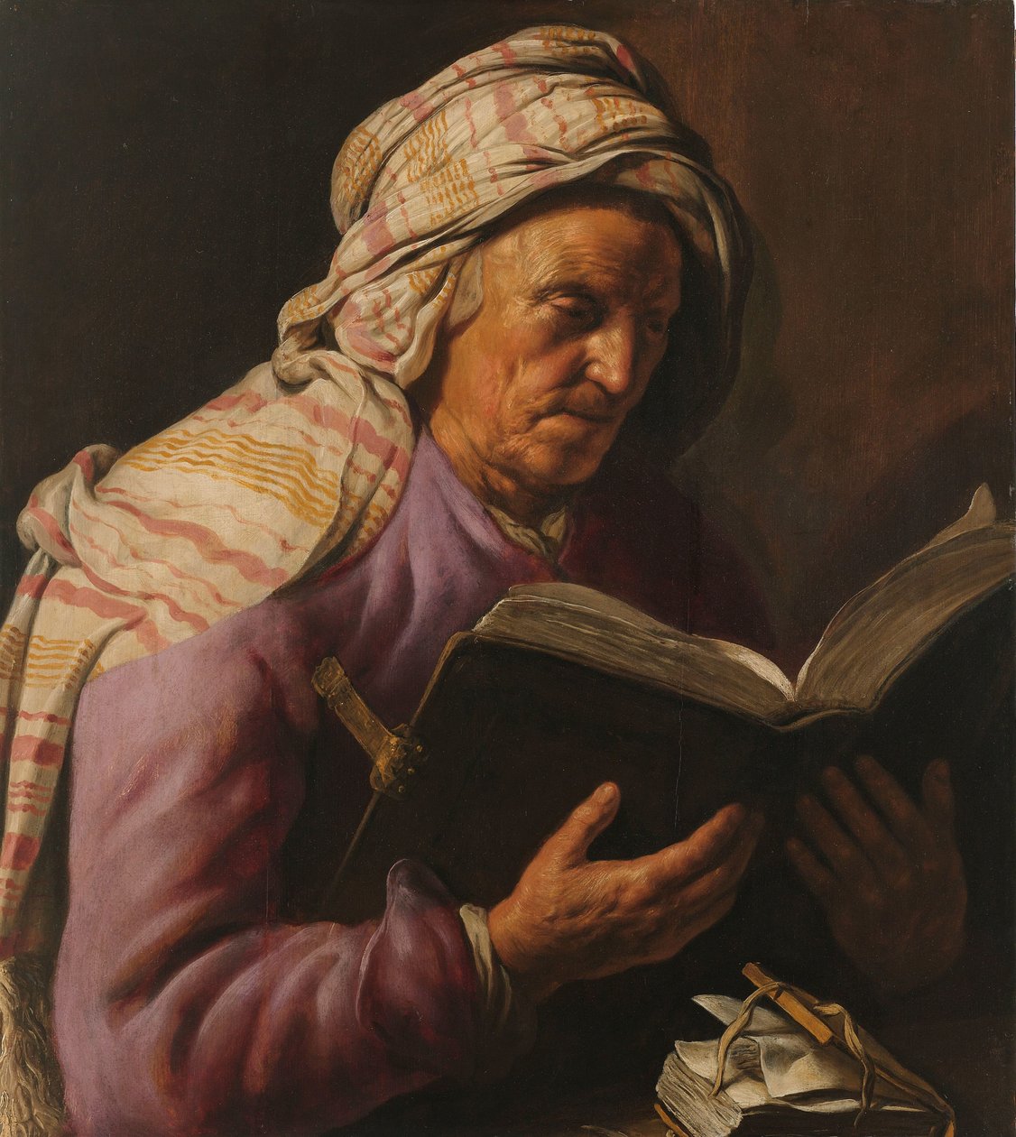Gammal kvinna som läser av Jan Lievens