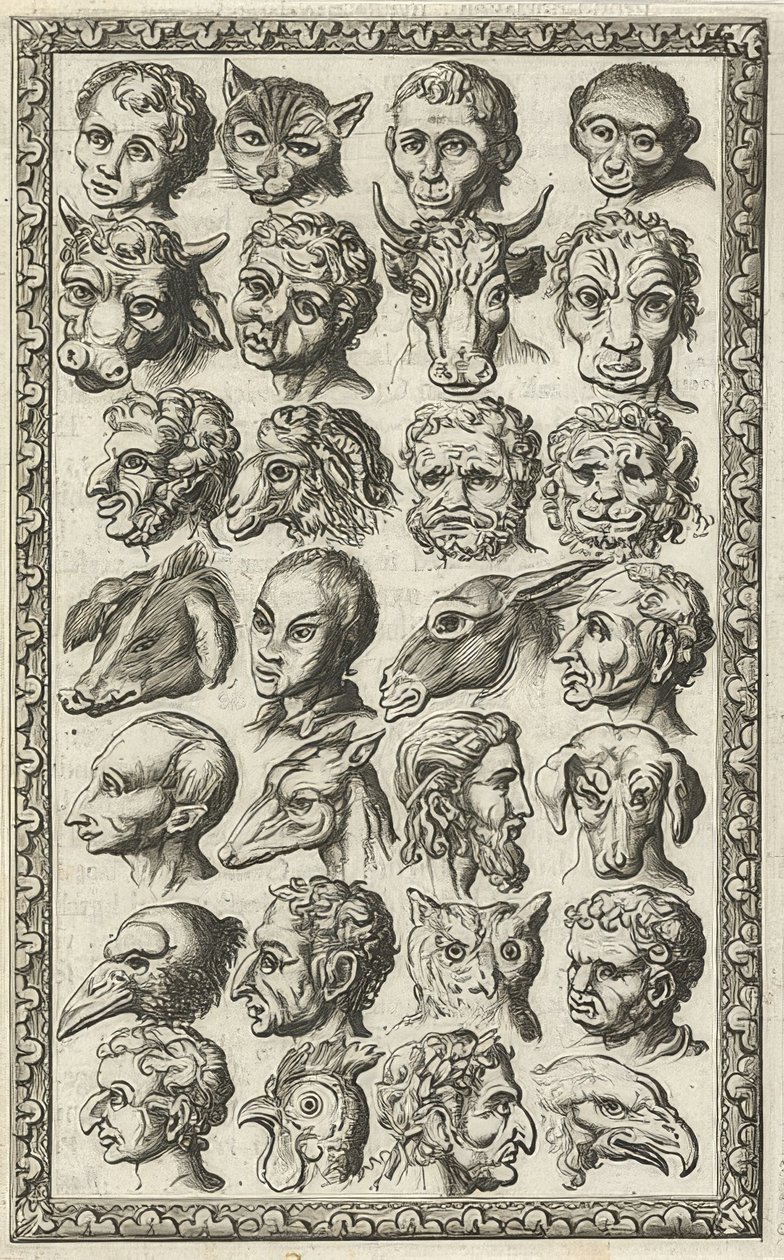 28 huvuden av människor och djur (28 koppen van mensen en dieren). 1682 av Jan Luyken