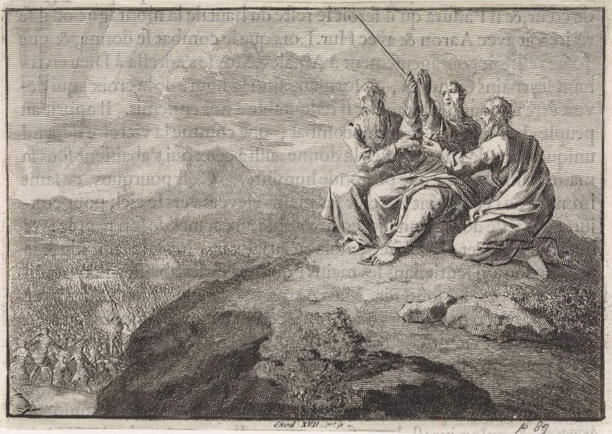 Aron och Hur stödjer Moses händer under Israels folks strid mot amalekiterna av Jan Luyken
