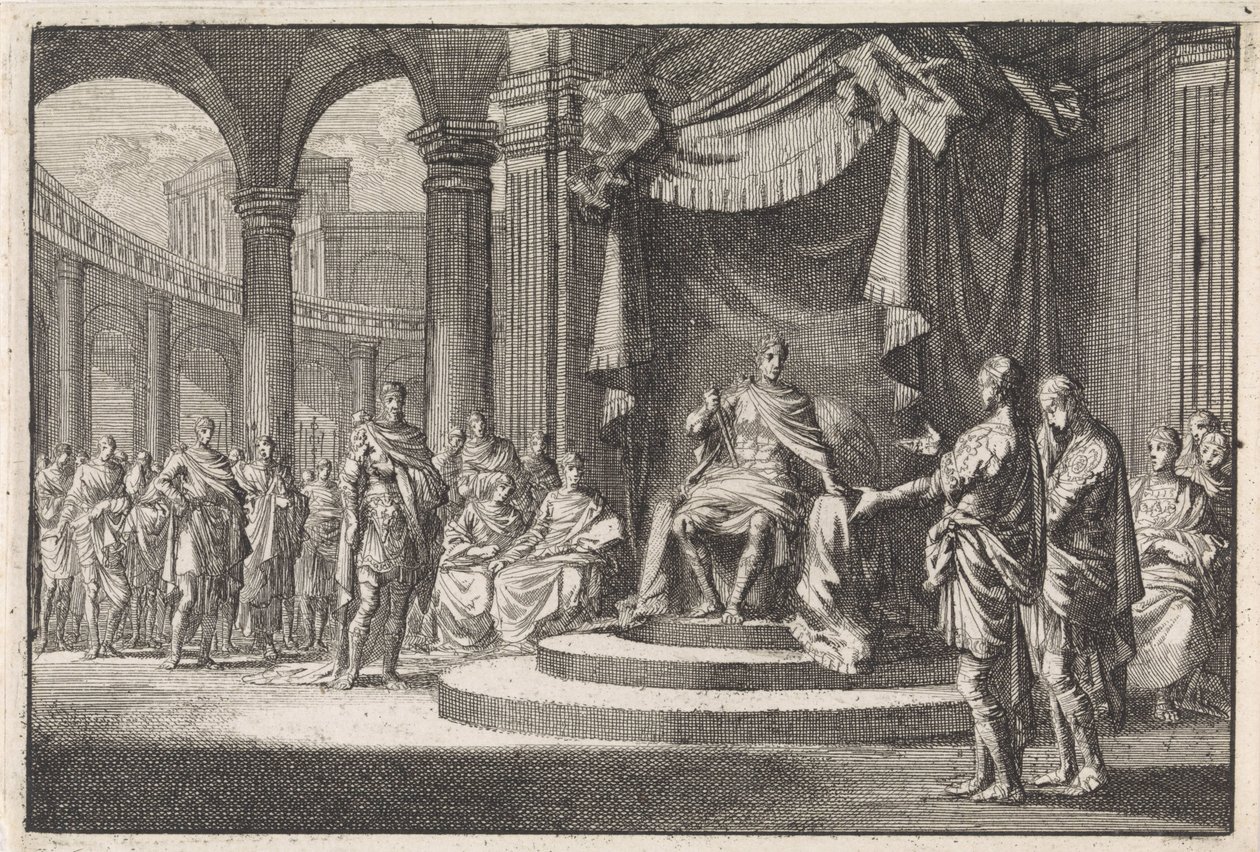 Alexander och Aristobulus ställs till svars inför kejsar Augustus av Jan Luyken