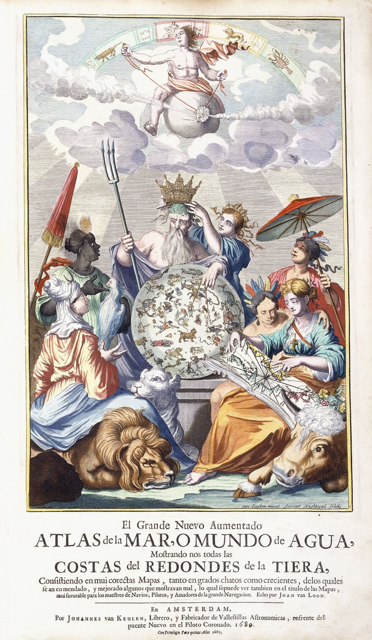 Allegorisk titelsida, från "The Great New Augmented Atlas of the Sea, 1680 av Jan Luyken