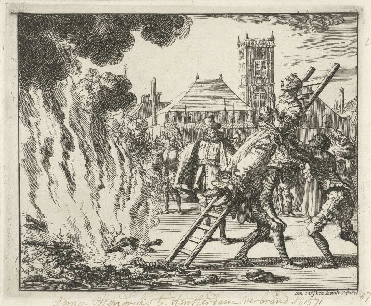 Anneken Hendriks, bunden på en stege, brände i Amsterdam, 1571, 1685 av Jan Luyken