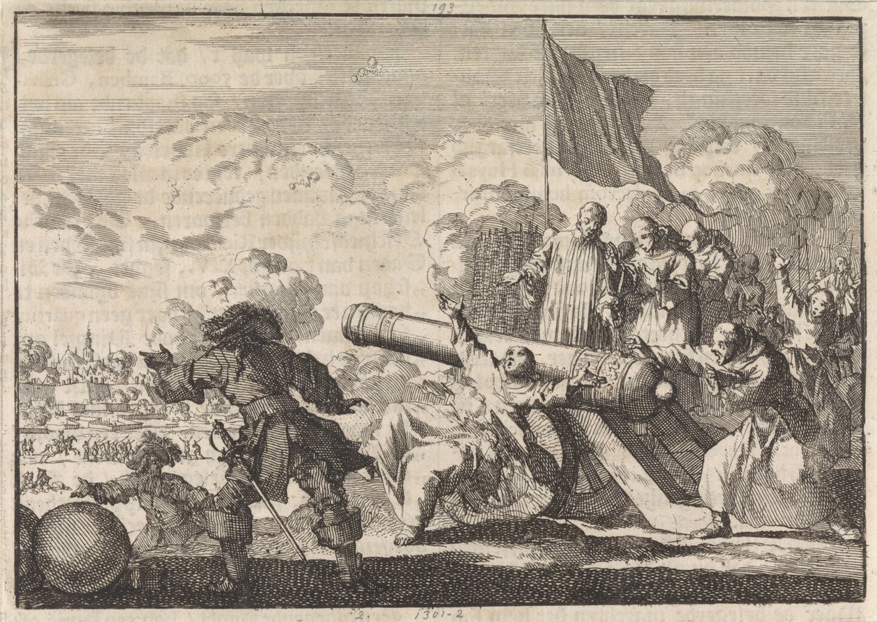 Belägring av Groningen där en kanon välsignas av sex munkar, 1672 av Jan Luyken