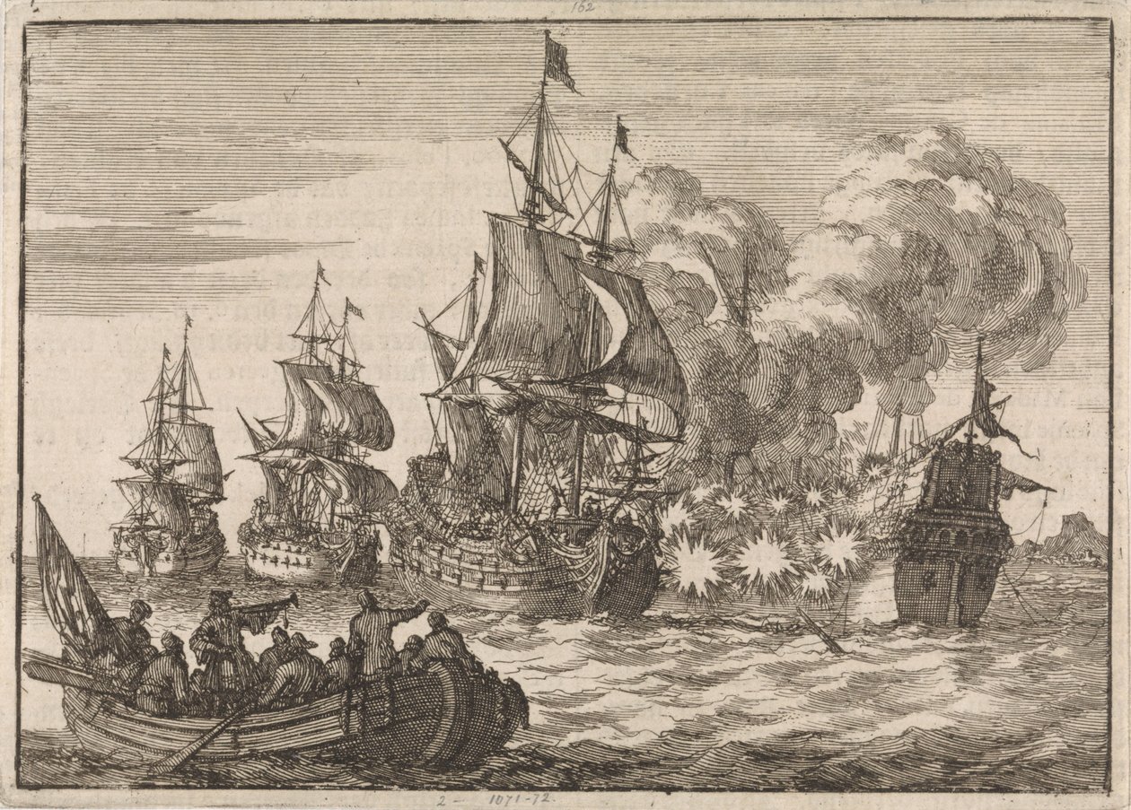 I Valencia attackeras spanska amiralen Papachino av tre franska fartyg under amiral Tourville för att han inte hälsade tillräckligt snabbt, 1688 av Jan Luyken