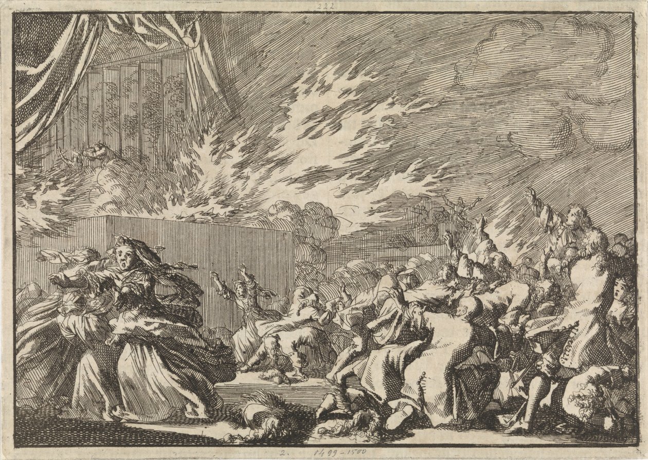 Brand i ett träskjul där en teaterföreställning äger rum intill Amelienborg slott i Köpenhamn, 1689 av Jan Luyken