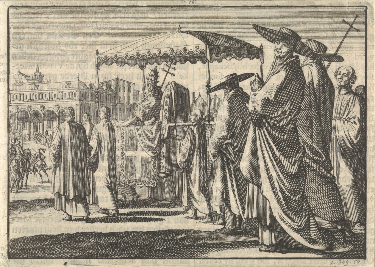 Christian IV, kung av Danmark, klädd som påve, imiterar en procession med sina hovmän, 1596 av Jan Luyken