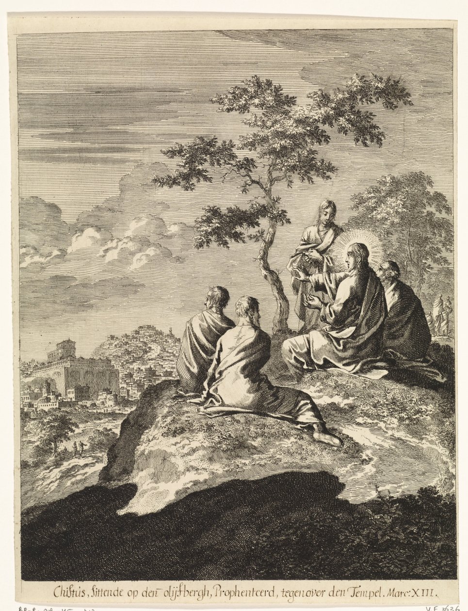 Kristus talar med Petrus, Jakob, Johannes och Andreas på Olivberget av Jan Luyken