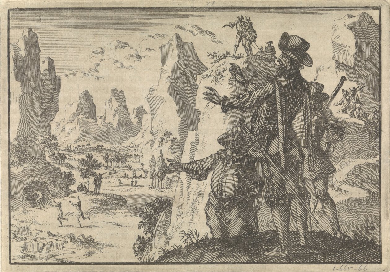 Beväpnade spanjorer ser ner på helt vilda människor från klippor, ca 1600 av Jan Luyken