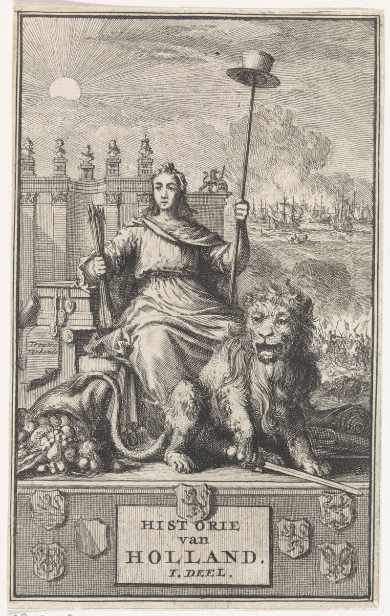 holländsk jungfru Titelsida för: F. de la Neuville, Hollands historia vol. I, 1704 av Jan Luyken