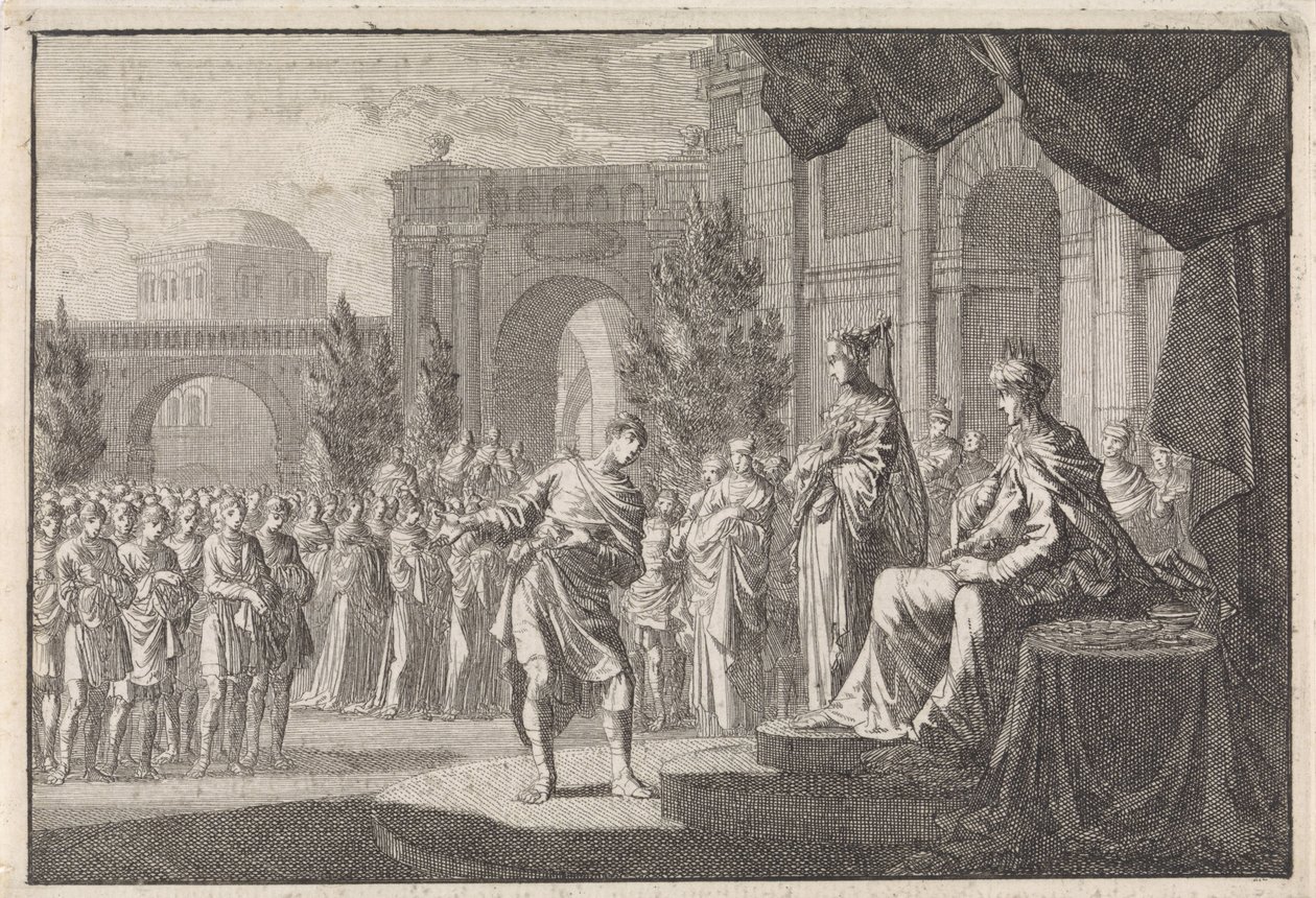 Hyrcanus inför Ptolemaios Philadelphus tron av Jan Luyken