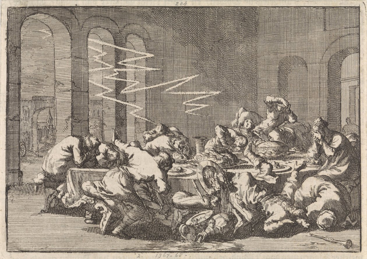 I den polska byn Perzyn dödas 23 personer av blixten under en dopmåltid, 1676 av Jan Luyken