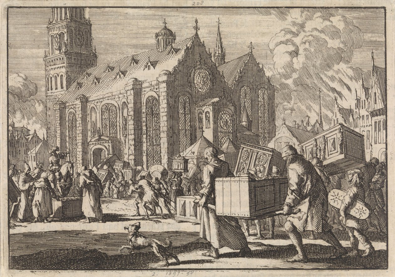 Invånarna i Spires tar i god tro sina möbler till katedralen där de sedan bränns av den franske generalen Monclar, 1689 av Jan Luyken