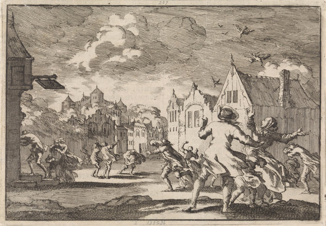 Invånarna i en by nära slottet Luchow i Lüneburg blir omkörda av en virvelvind som får fåglarna att falla döda från himlen, 1671 av Jan Luyken
