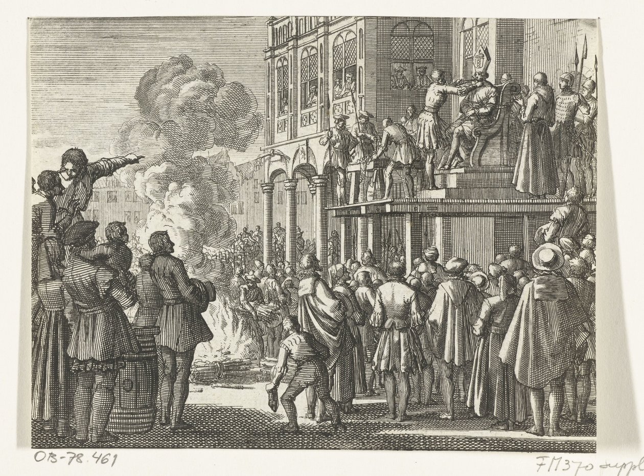 Jacob van Campen med mitra på huvudet på schavotten i Amsterdam, 1535 av Jan Luyken