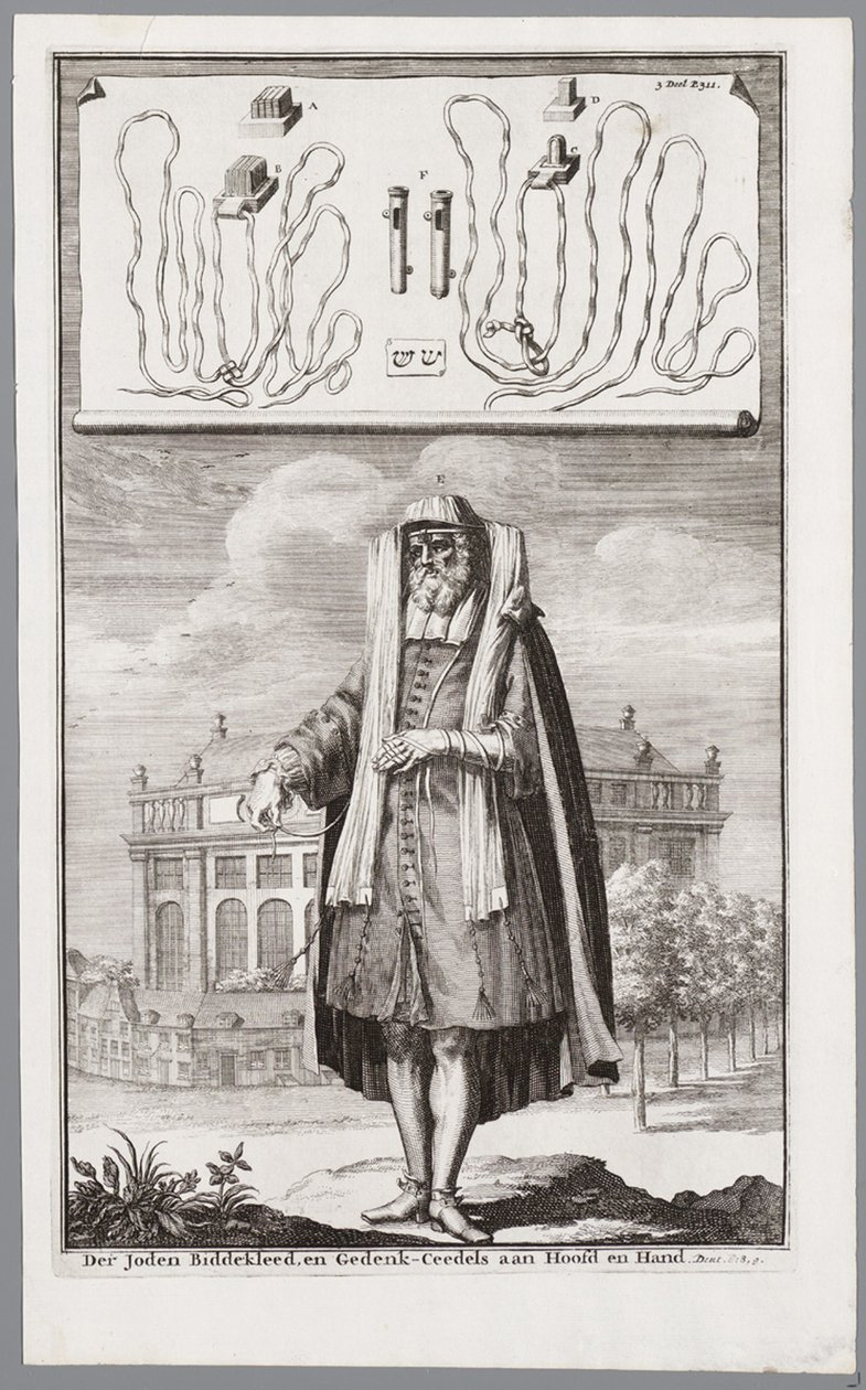 Judisk man, klädd för bön. På bakgrunden den portugisiska synagogan i Amsterdam av Jan Luyken