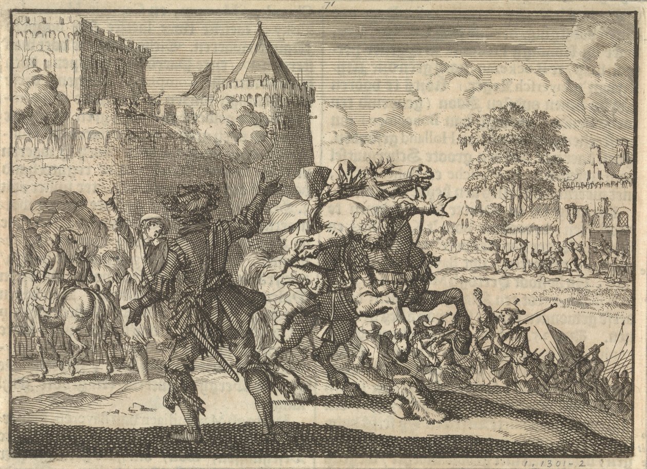 Den kejserliga befälhavaren Dampier faller från sin häst efter ett skott från Presburgs (Bratislavas) murar, 1620 av Jan Luyken