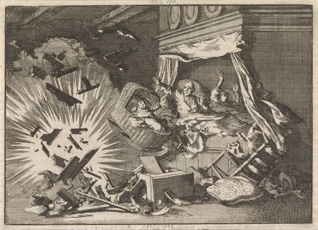 Explosion av en bomb i ett hus på Ebbingestraat i Groningen, 1672 av Jan Luyken