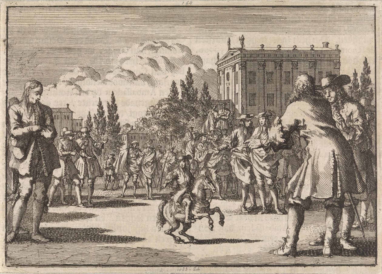 På ett torg i Madrid har en folkmassa samlats runt Louisillo, dvärgen till kungen av Spanien, 1675 av Jan Luyken
