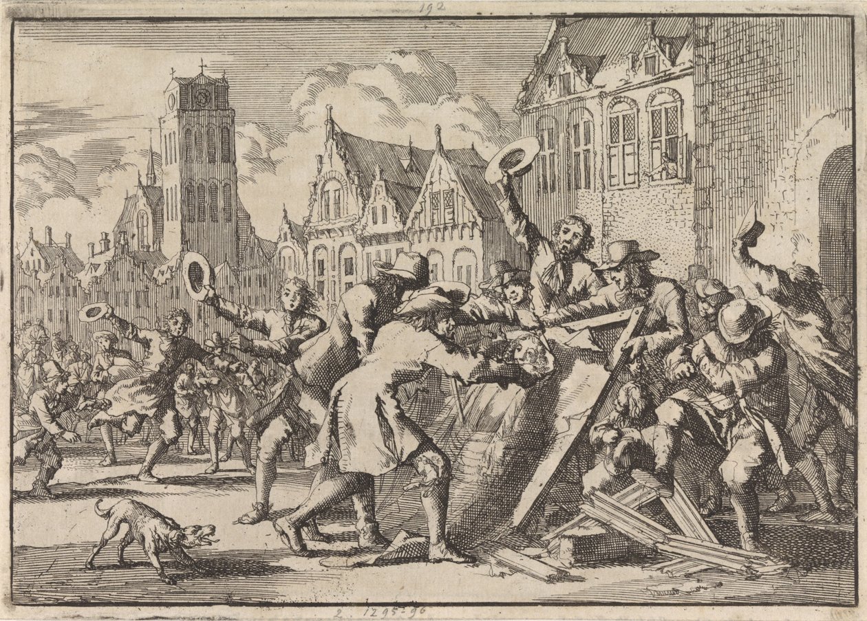 Upplopp i Dordrecht där en bild av Cornelis de Witt förstörs av folket, 1672 av Jan Luyken