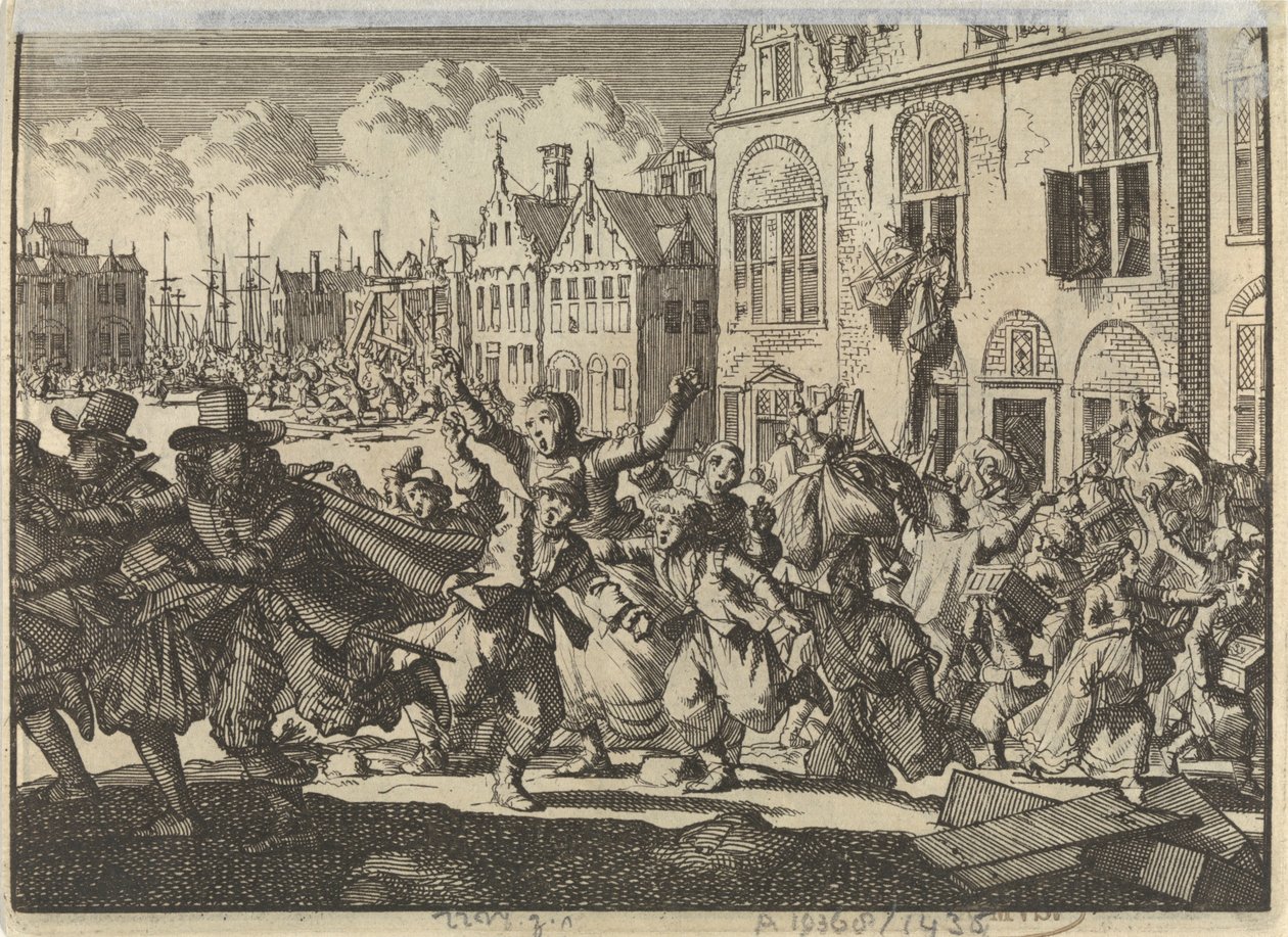 Revolt i Enkhuizen där viceamiralerna Kwasts och Turks hus förstörs, 1635 av Jan Luyken