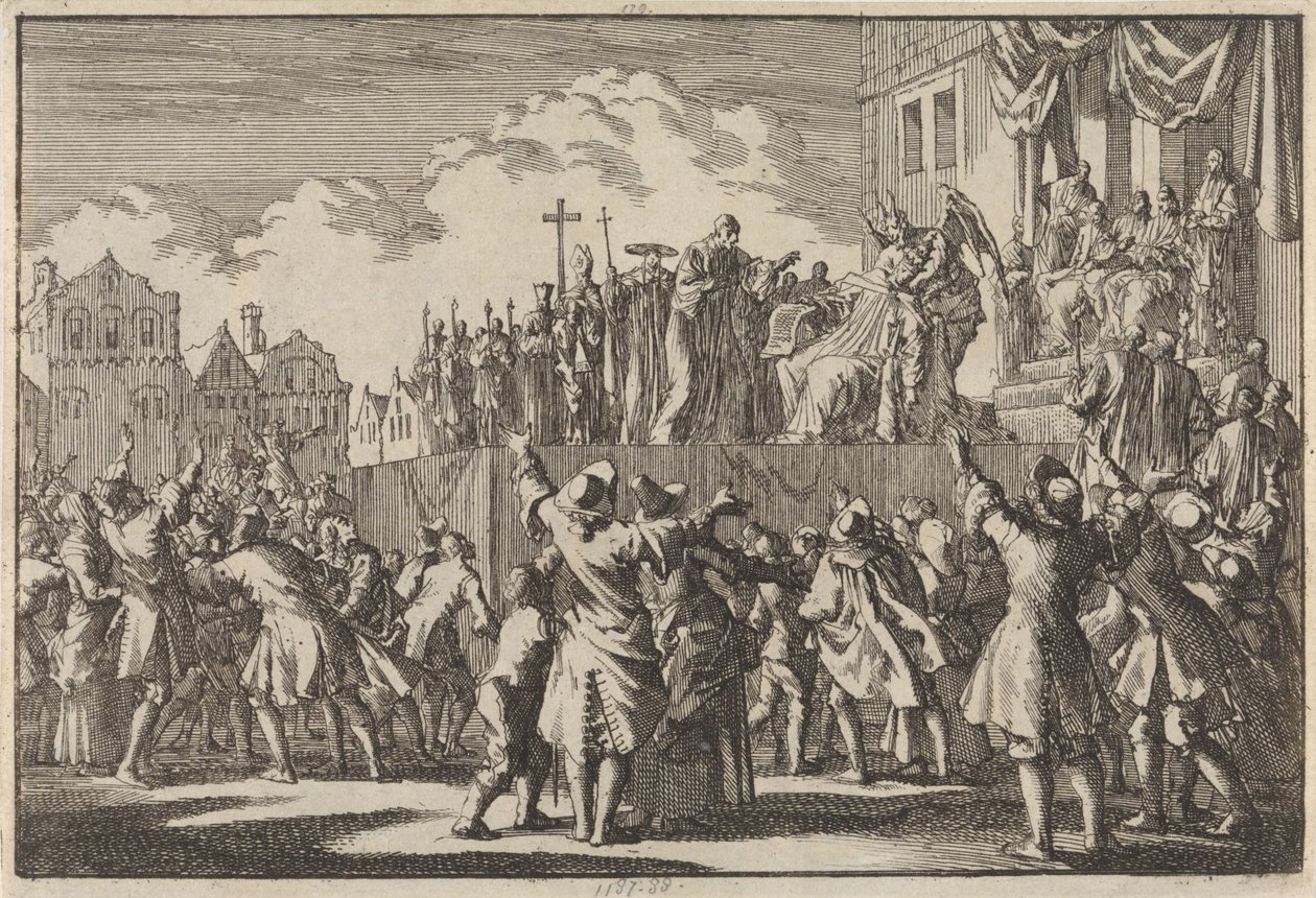 Gatubild i Aberdeen som hånar den katolska religionen, 1689 av Jan Luyken