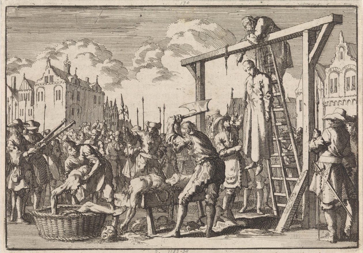 I London hängs jesuiten William Ireland och John Grove inkvarteras för ett föreslaget regicid, 1679 av Jan Luyken
