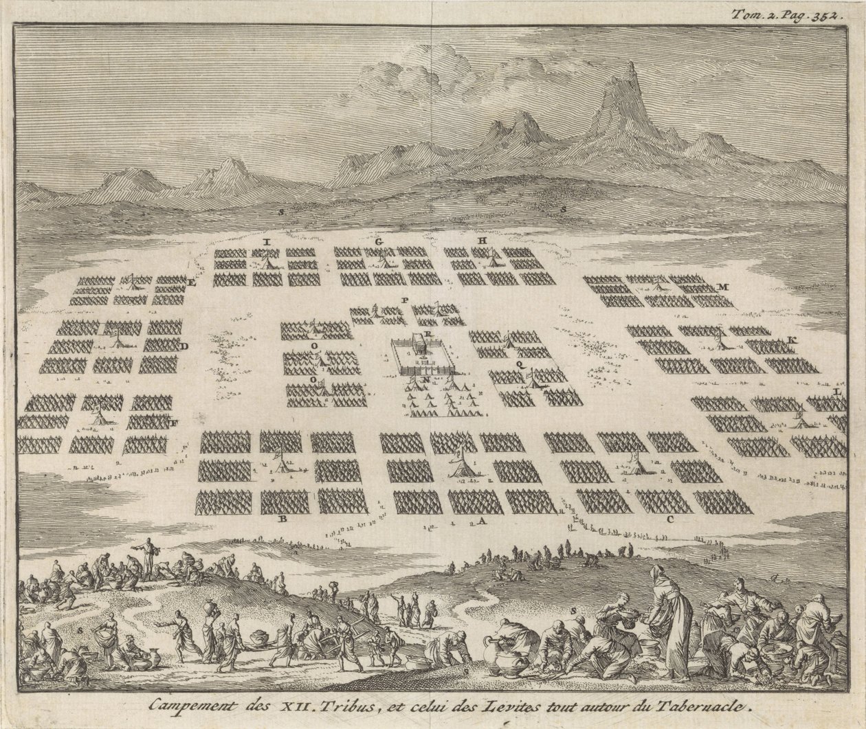 Läger för Israels tolv stammar runt tabernaklet Campement des XII Tribus, et celui des Levites tout autour du Tabernacle (titel på objekt) av Jan Luyken