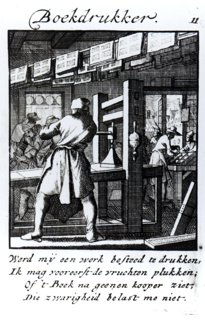Boktryckaren, från handelsboken "Något för alla" av Abraham van St. Clara, 1736 (gravyr) av Jan Luyken