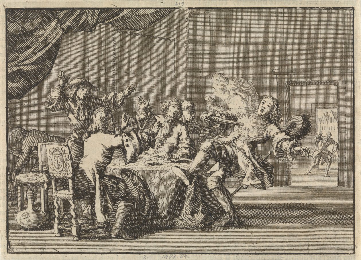 Thomas Tullock, anhängare till kung James II i Skottland, dödas av det oväntade avfyrandet av sin pistol, 1690 av Jan Luyken