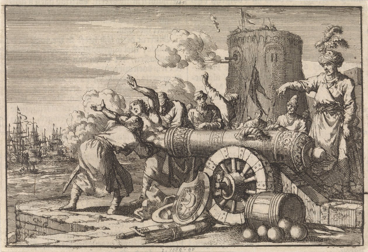 Under det franska bombardementet av Alger laddas den franske konsuln in i en kanon av algerierna och dödades, 1683 av Jan Luyken