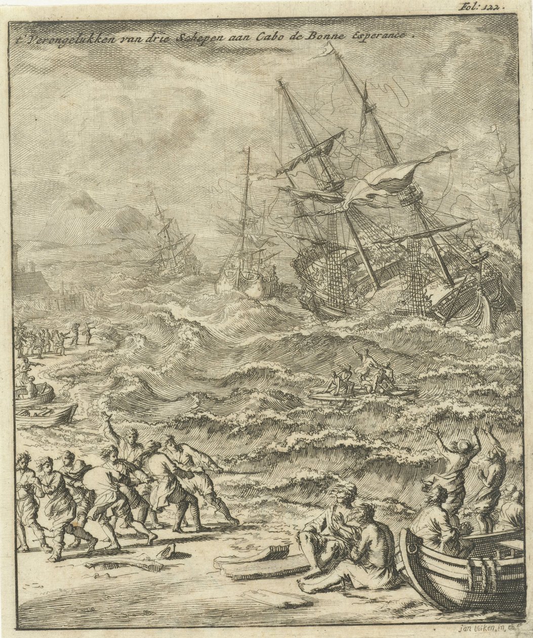Skeppsbrott vid Godahoppsudden, 1693 The Crash of Three Ships at Cabo de Bonne Esperance (titel på objekt) av Jan Luyken