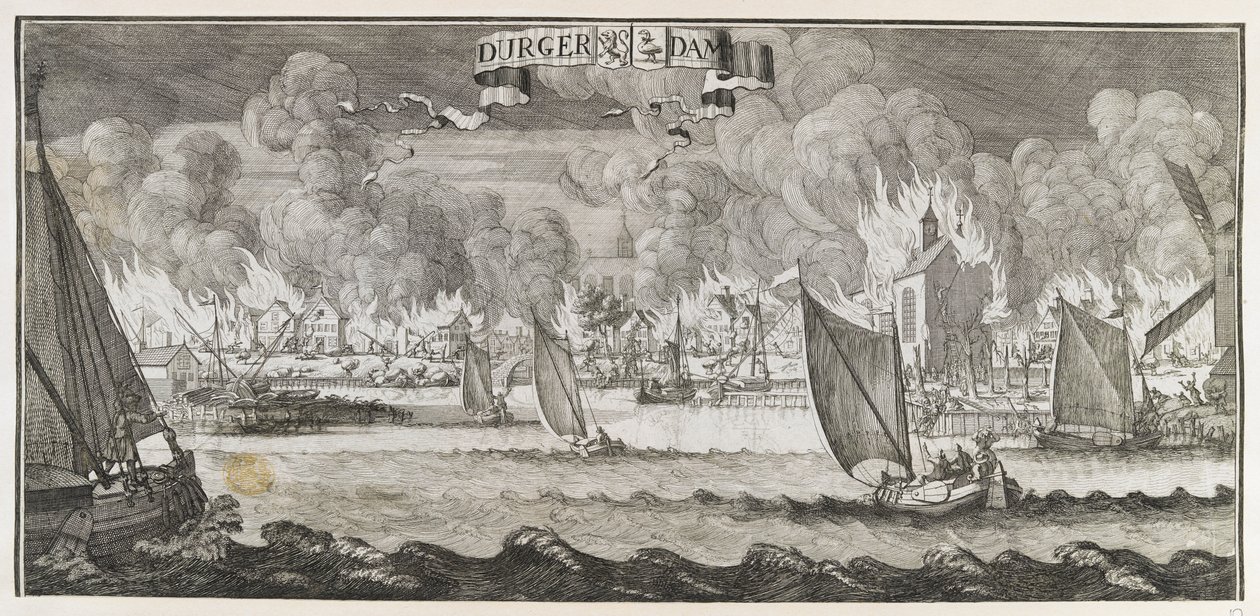 Utsikt över byn Durgerdam, nära Amsterdam, under branden 1687 (gravyr) av Jan Luyken