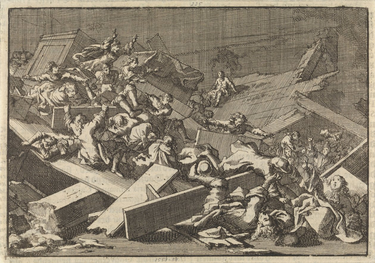 Våningen i den kejserliga befullmäktigades huskyrka greve von Bercka kollapsar, 1697 av Jan Luyken