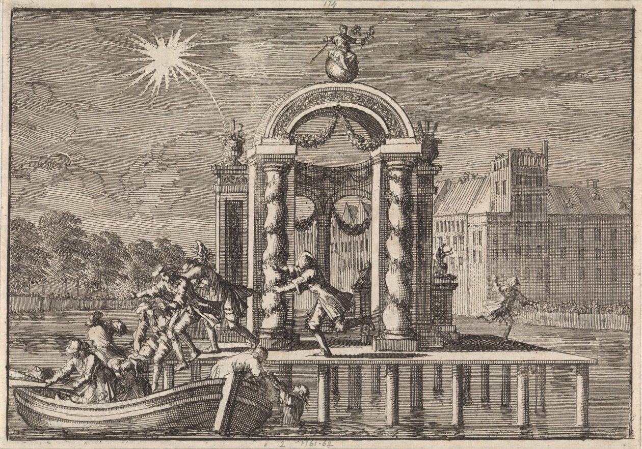 Pyrotekniker flyr vid en stor utsmyckning på Vijverberg i Haag för att hedra födelsen av sonen till kung Jakob II, 1688 av Jan Luyken
