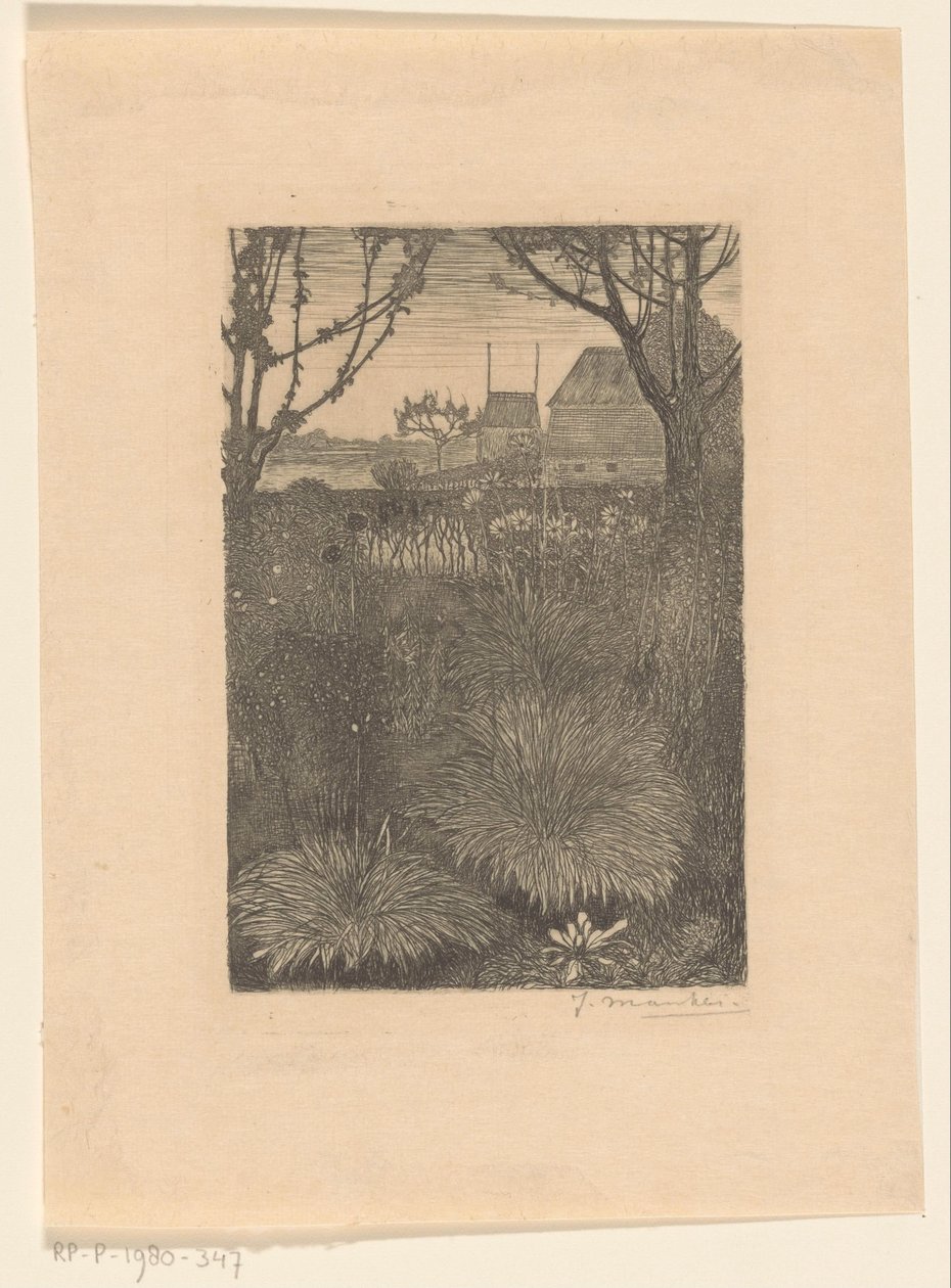 Utsikt över trädgården med buskar och solrosor Autumn Garden (originaltitel) av Jan Mankes (signed by artist)