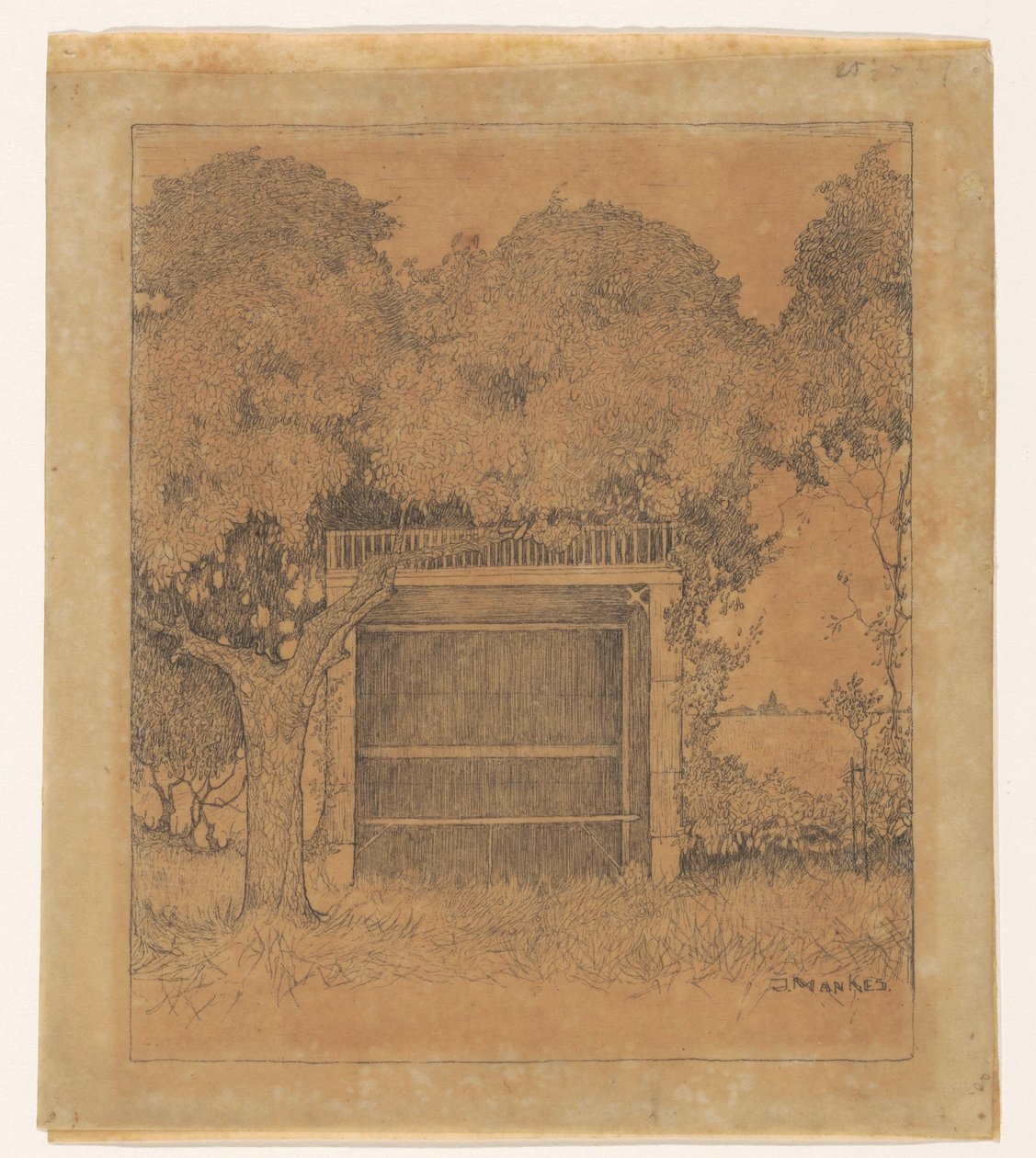 Trädgårdslusthus under två träd av Jan Mankes (signed by artist)
