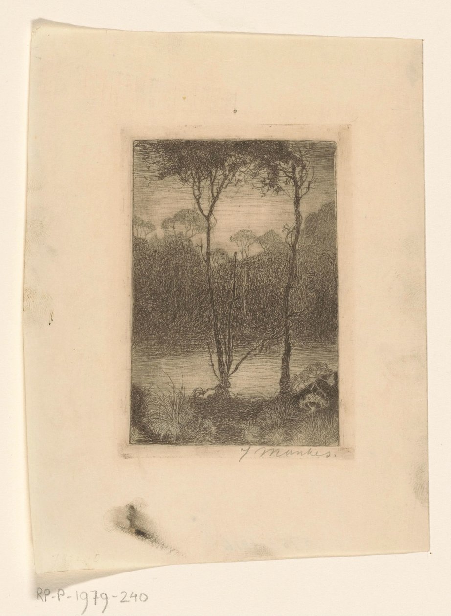 Två träd vid vattnet Streama på natten (originaltitel) av Jan Mankes (signed by artist)