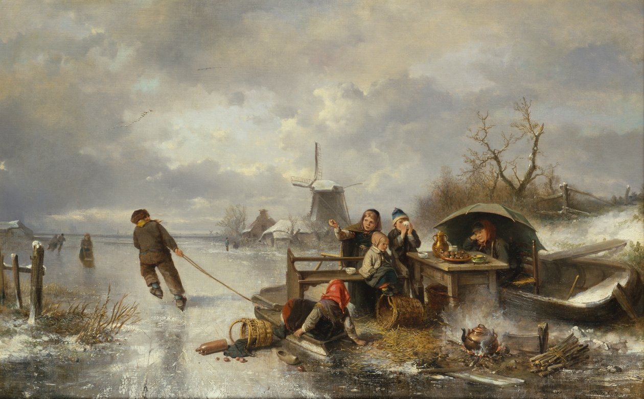 Barn som leker på en frusen sjö i ett vinterlandskap (olja på duk) av Jan Mari Henri Ten Kate