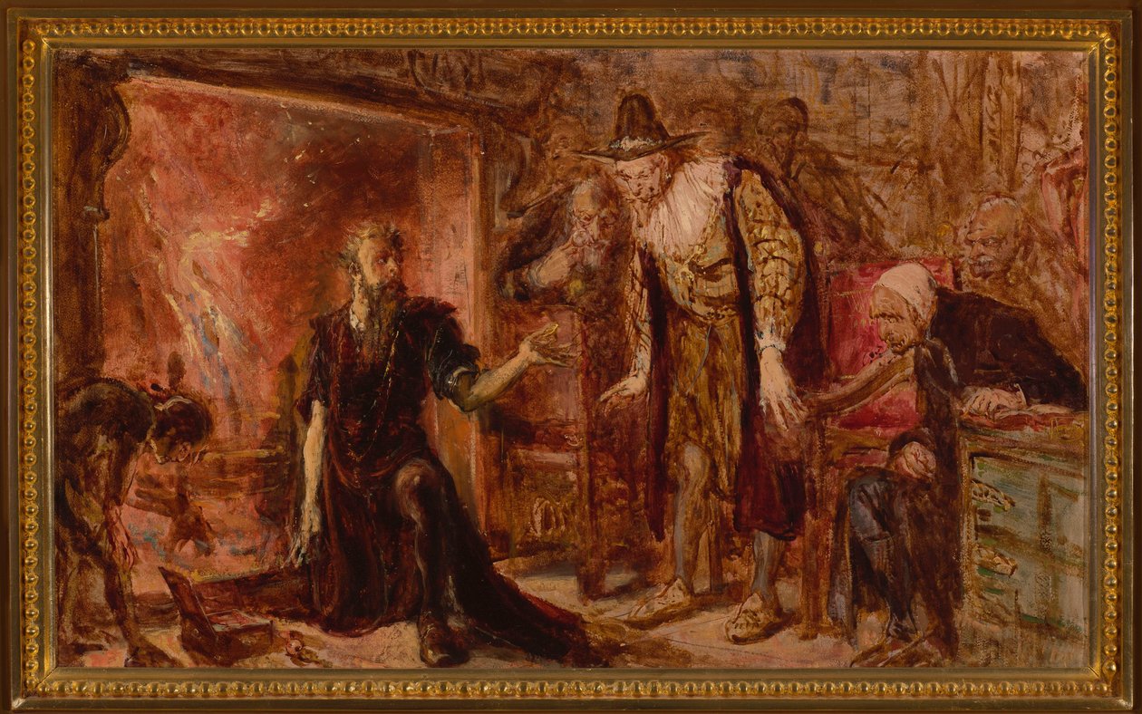 Alkemisten Sędziwój och Sigismund III, skiss av Jan Matejko