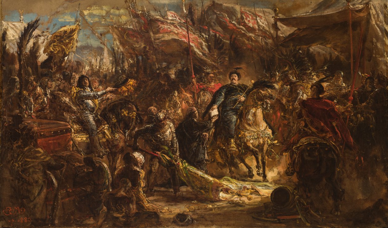 Jan III Sobieski överlämnar ett brev till påven till kaniken Denhoff med budskapet om segern över turkarna vid Wien år 1683 av Jan Matejko