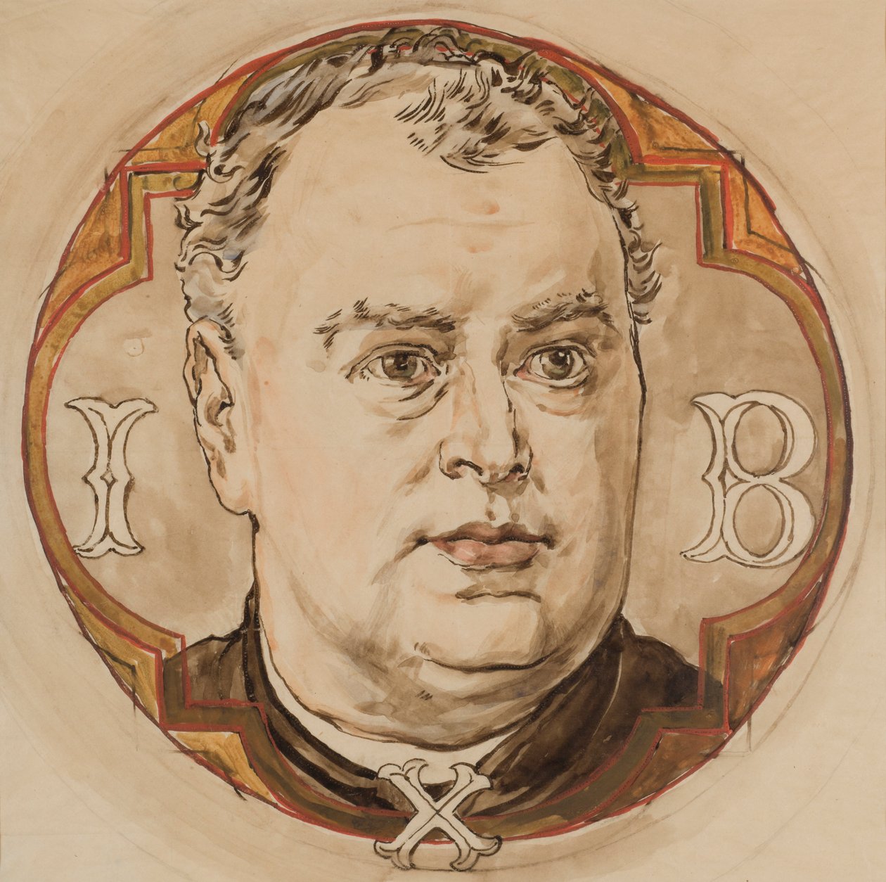 Kartong för Mariakyrkans polykromi - manshuvud och bokstäverna ”I, B, X” (prästen Jan Bukowski) av Jan Matejko