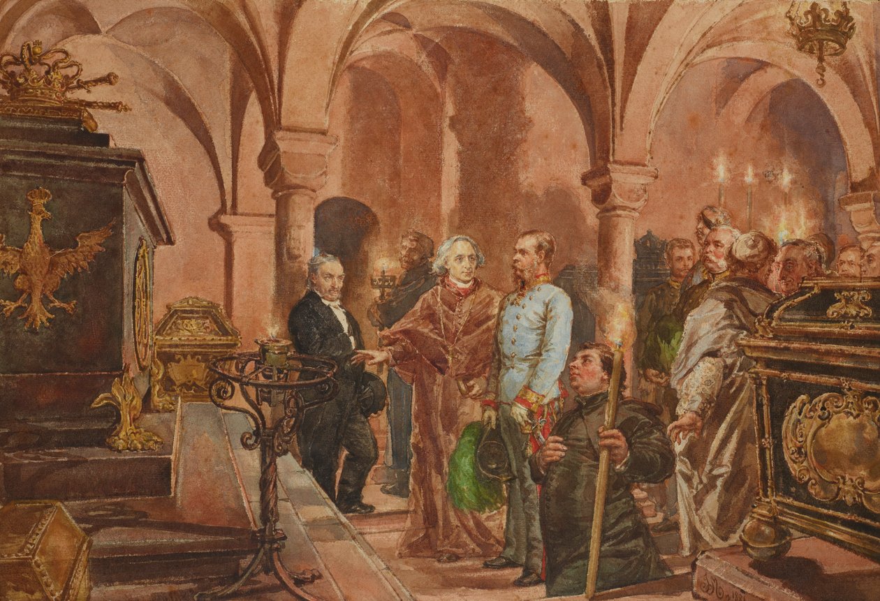 Polska: Kejsaren framför kung Jan III Sobieskis sarkofag i S:t Leonards krypta i Wawelkatedralen av Jan Matejko