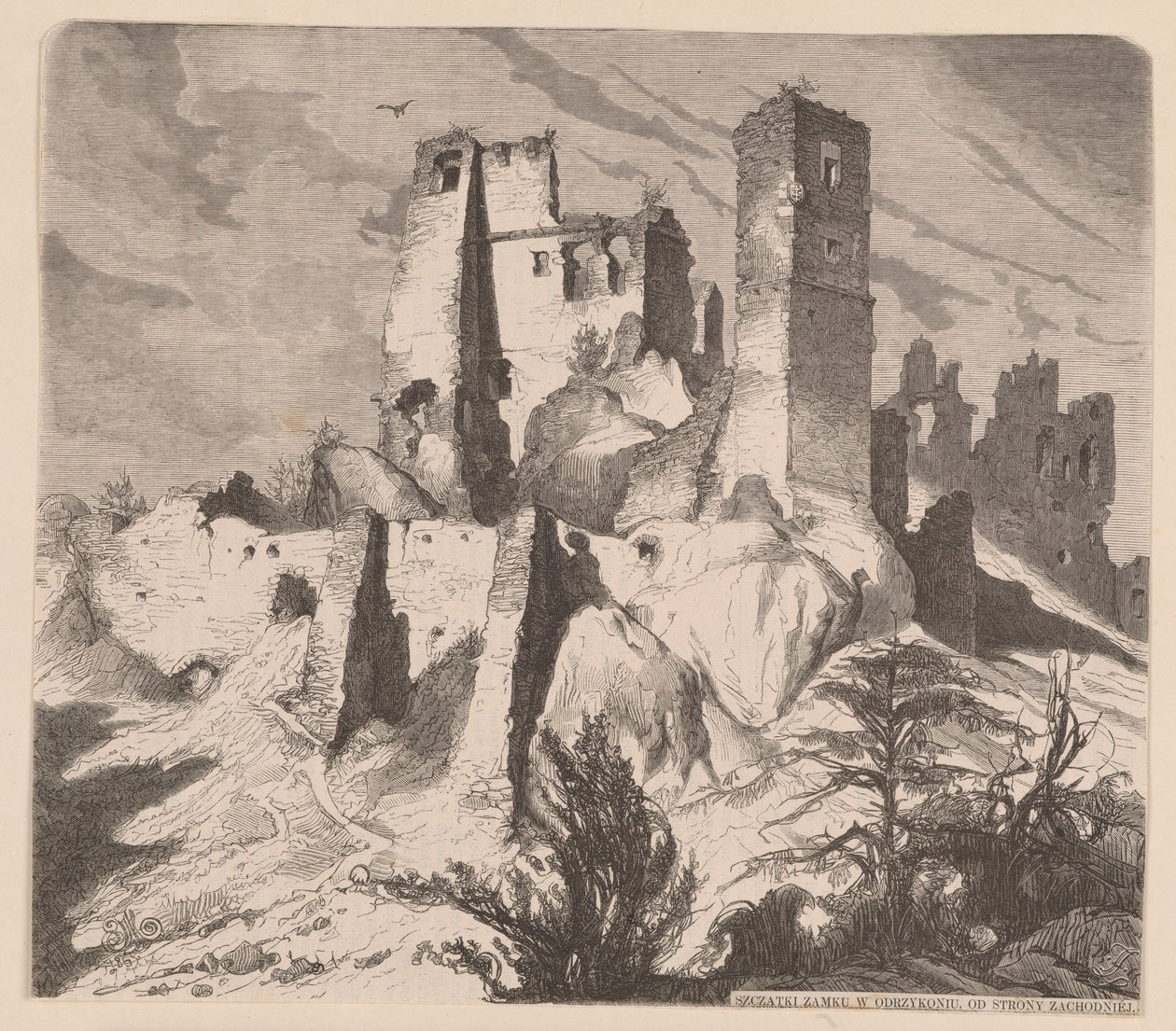 Ruinerna av slottet i Odrzykoń, 1865 - träsnitt efter en teckning av Jan Matejko av Jan Matejko