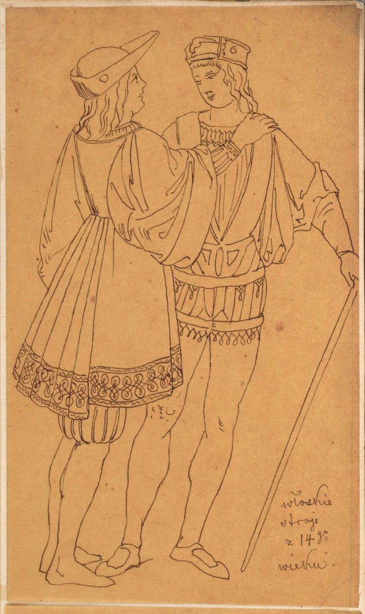 Skarbczyk. Zwei stehende Männer in italienischen Kostümen aus dem 14. Jahrhundert av Jan Matejko