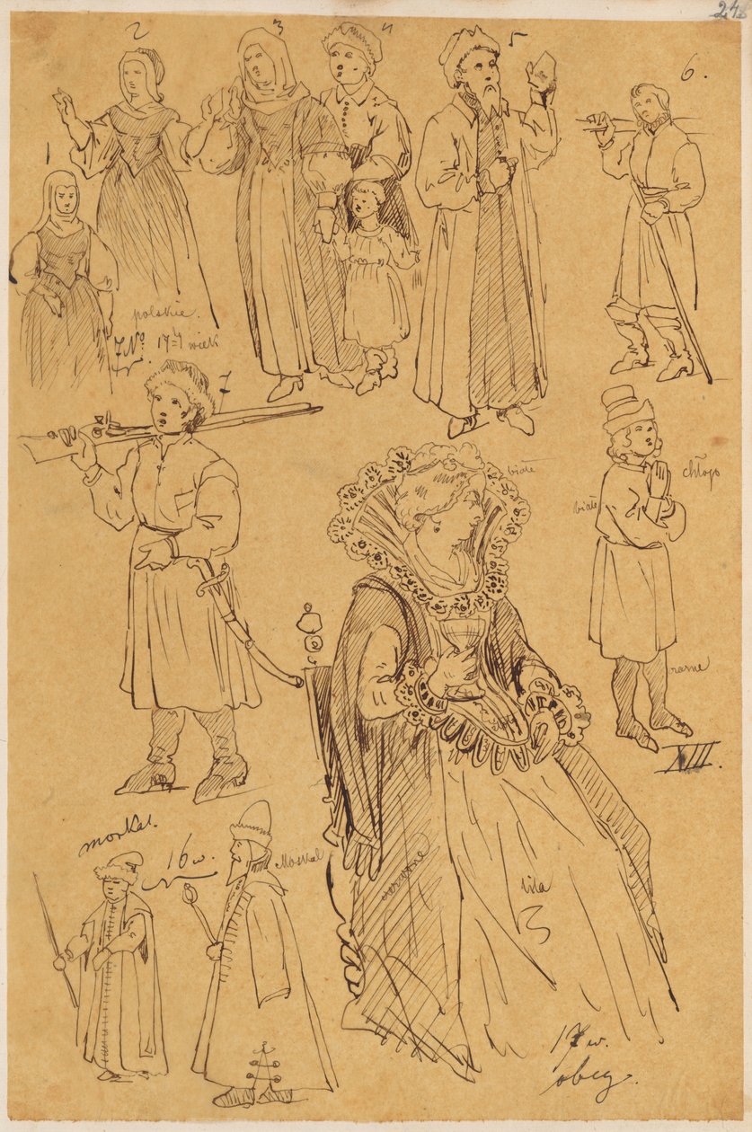 Skarbczyk. Zwölf Personen: Frauen, Männer, Kinder, Bauern, Moskauer, sitzende Dame, aus dem 16. und 17. Jahrhundert av Jan Matejko